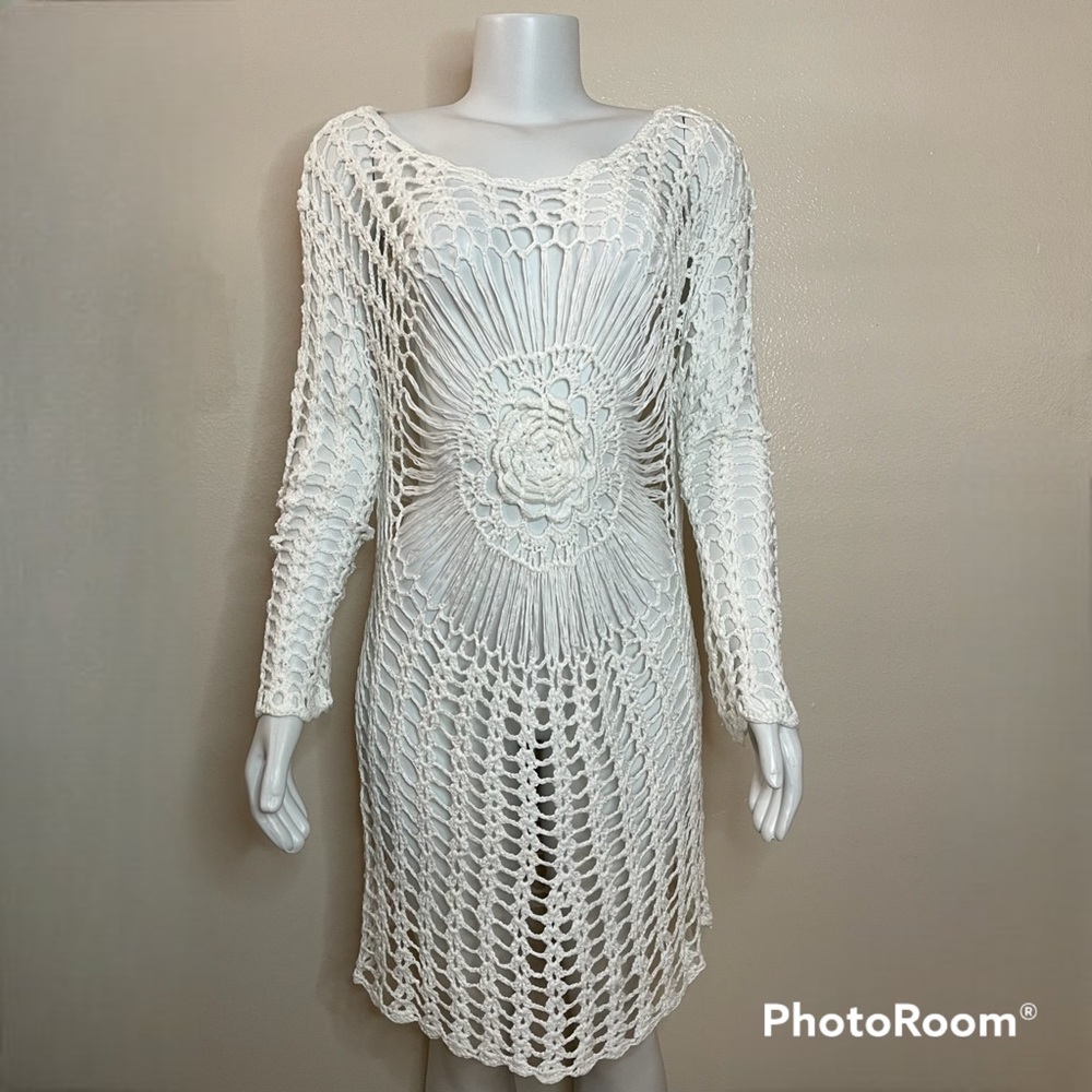 White crochet swimwear cover up long sleeve dress